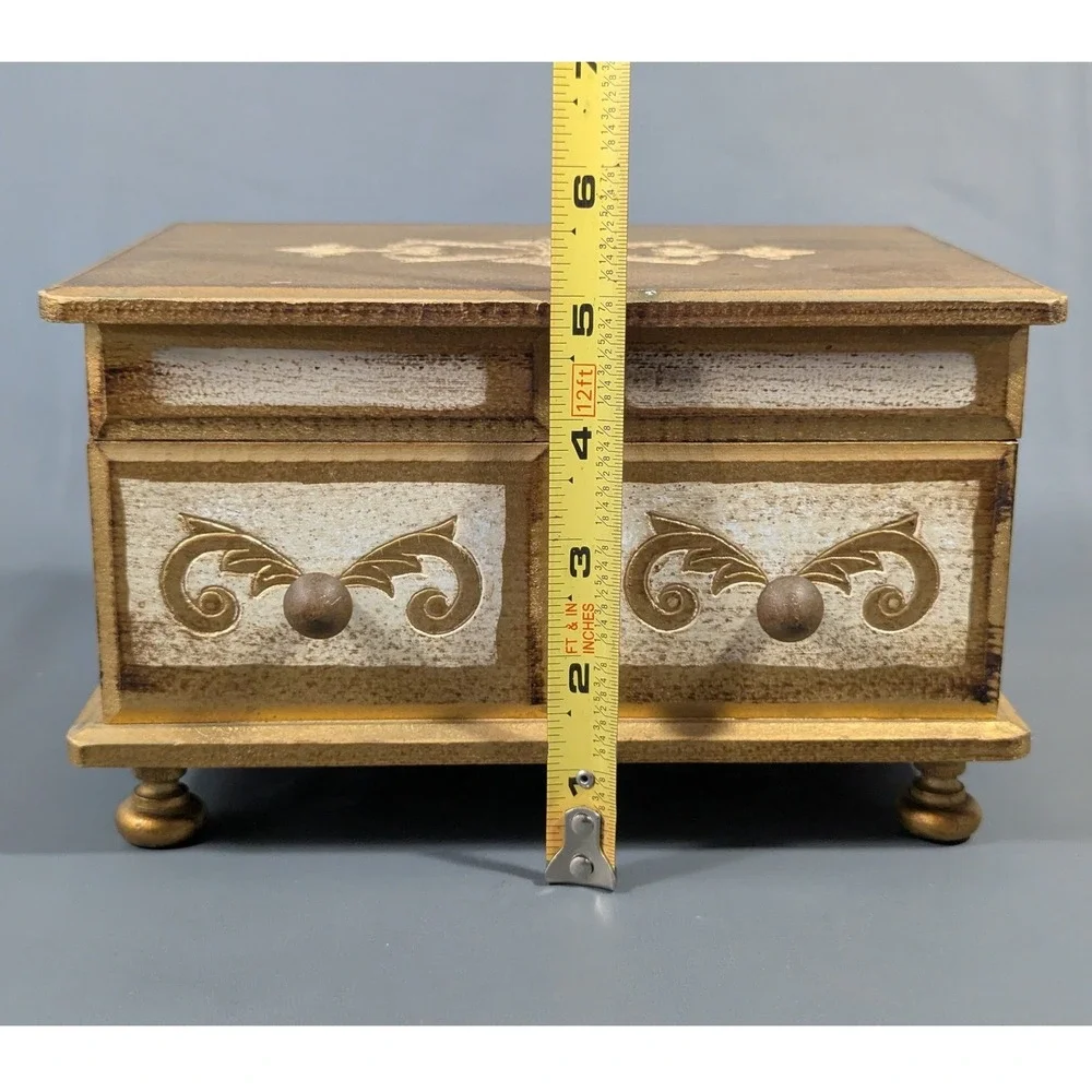 Vintage Gold Wood Jewelry Box Red Velvet Lined Cantilever Tray Scrollwork